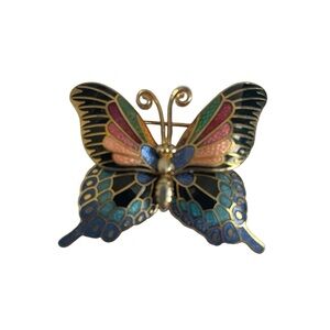 Cloisonné Butterfly Brooch Lapel Pin - Vintage Gold Metal Colorful Mariposa Pin